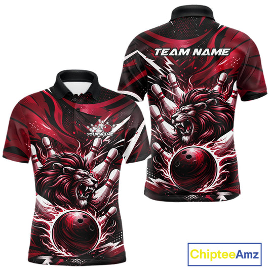 Custom Red Flame Bowling Ball Lion Bowling Jerseys, Lion Men Polo Bowling Shirt IPHW10351
