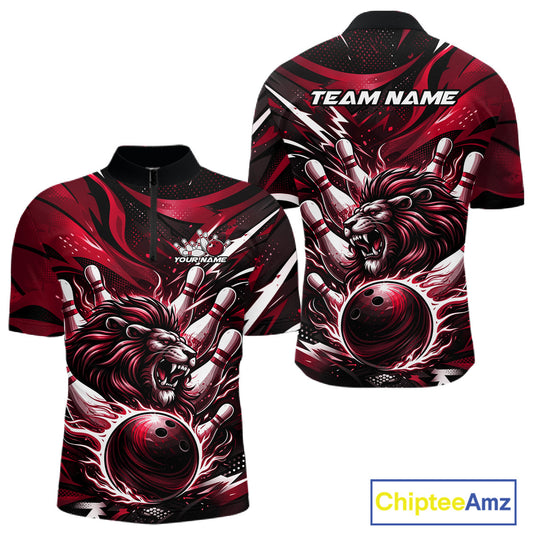 Custom Red Flame Bowling Ball Lion Bowling Jerseys, Lion Men Quarter-Zip Bowling Shirt IPHW10351