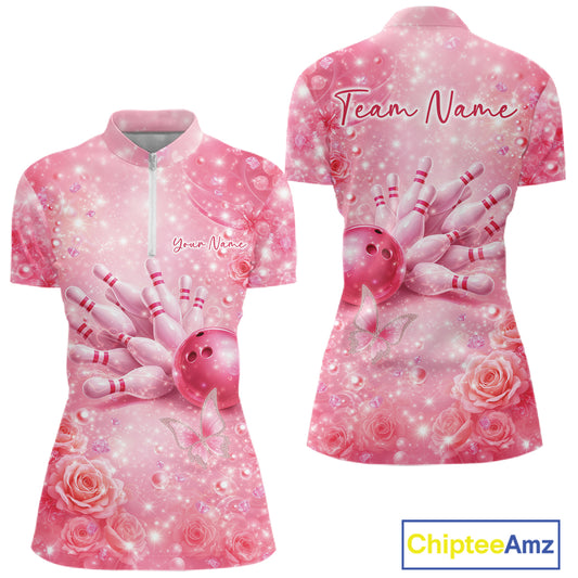 Front and back view of a women’s bowling quarter zip shirt featuring a pink bowling strike design with butterflies and sparkling diamond details.