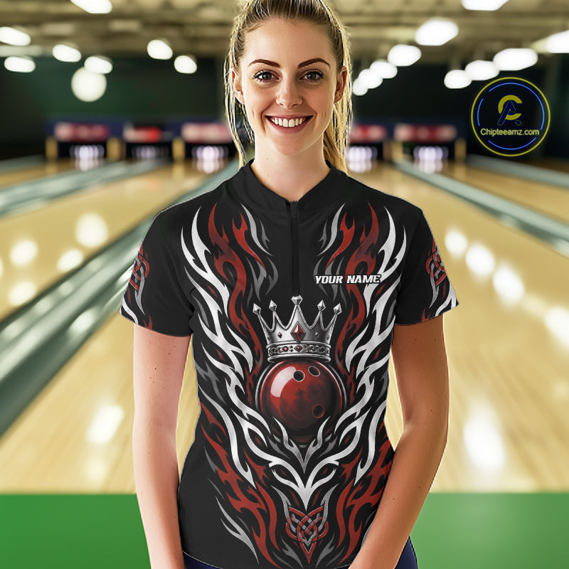 Custom Red Irish Tribal Pattern Bowling Ball With Crown Women Quarter-Zip Shirt IPHW11693