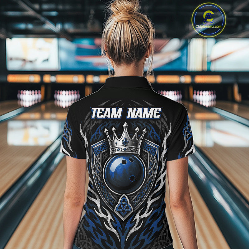 Custom Black And Blue Irish Tribal Pattern Bowling Ball With Crown Women Polo Shirt IPHW11694