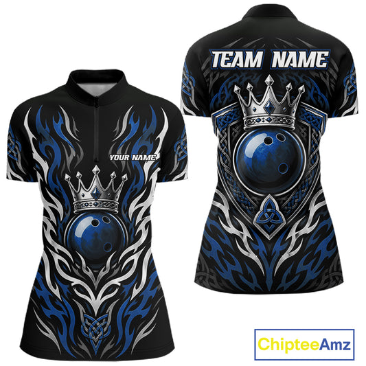 Custom Blue Irish Tribal Pattern Bowling Ball With Crown Women Quarter-Zip Shirt IPHW11694