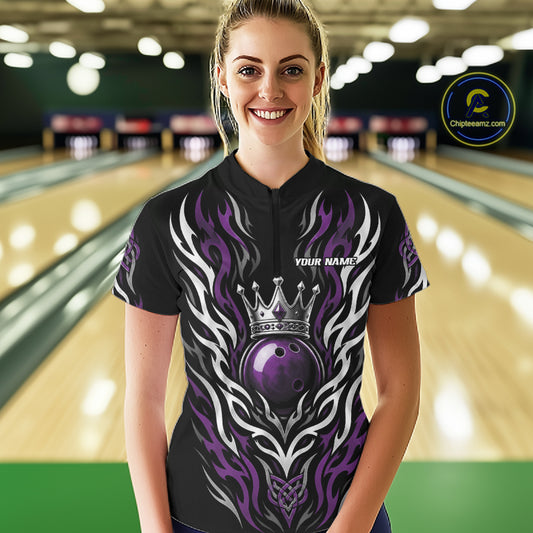 Custom Purple Irish Tribal Pattern Bowling Ball With Crown Women Quarter-Zip Shirt IPHW11695