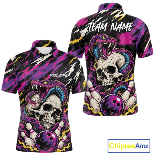 Custom Colorful Purple Snake And Skull Bowling Men Polo Shirt, Halloween Bowling Outfit IPHW11710