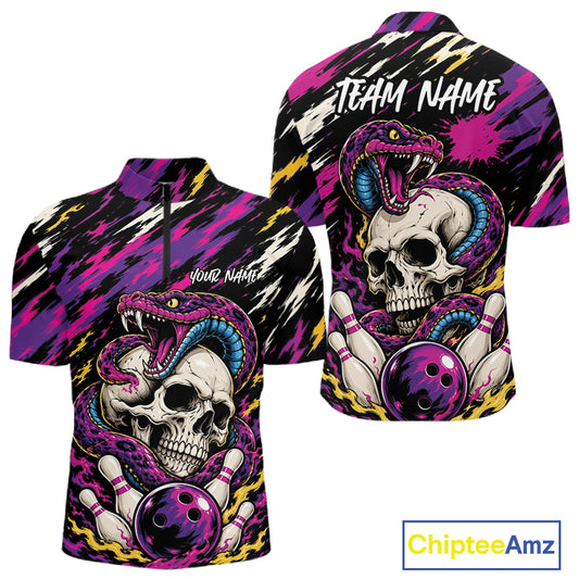Custom Colorful Purple Snake And Skull Bowling Men Quarter Zip Shirt, Halloween Bowling Outfit IPHW11710