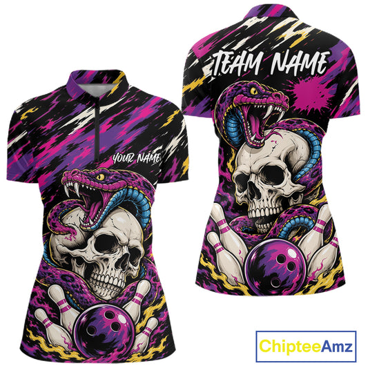 Custom Colorful Purple Snake And Skull Bowling Women Quarter-Zip Shirt, Halloween Outfit IPHW11710