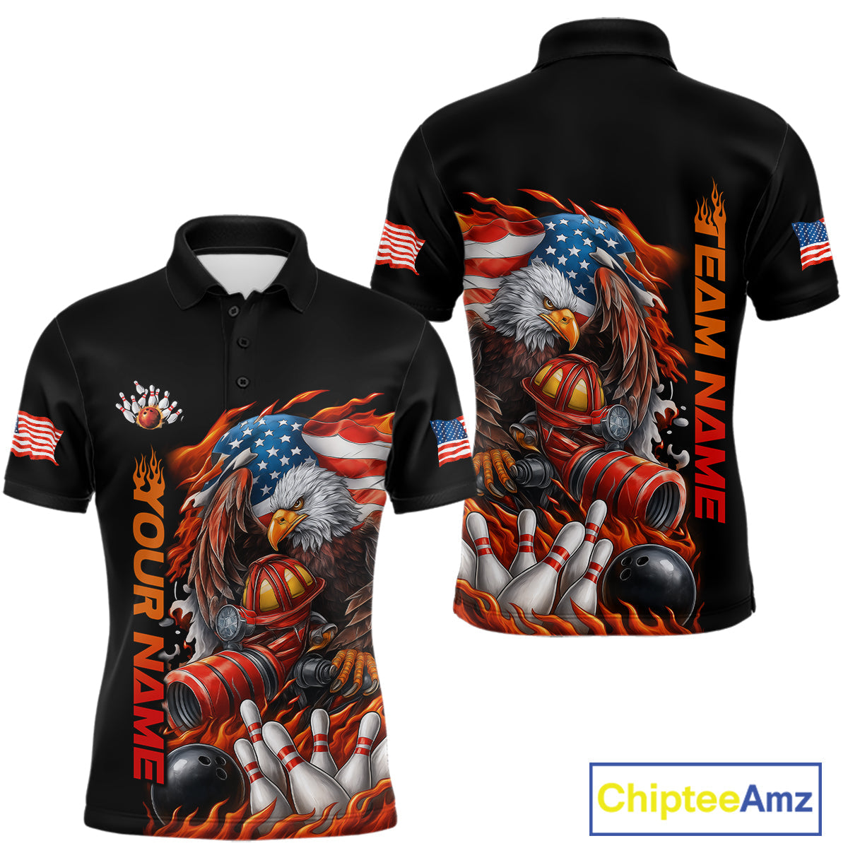 Custom Patriotic Flame Eagle Men Bowling Team Shirt, Firefighter Bowling Shirt IPHW10202