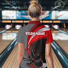 Load image into Gallery viewer, Custom Black, Red And Gray Flame Bowling Polo Shirts For Women, Bowling Team League Shirt IPHW9273