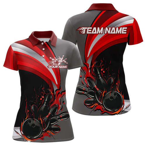 Custom Black, Red And Gray Flame Bowling Polo Shirts For Women, Bowling Team League Shirt IPHW9273