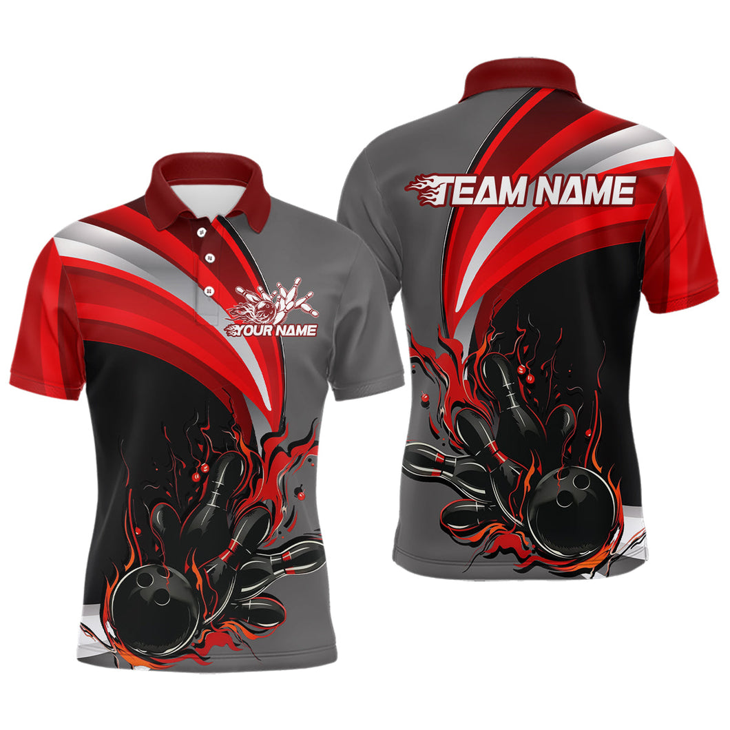 Custom Black, Red And Gray Flame Bowling Polo Shirts For Men, Bowling Team League Shirt IPHW9273