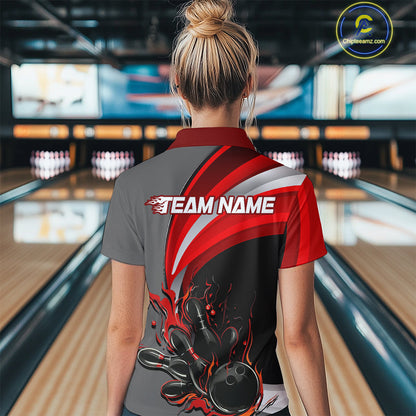 Custom Black, Red And Gray Flame Bowling Women Quarter-Zip Shirt, Bowling League Shirt IPHW9273
