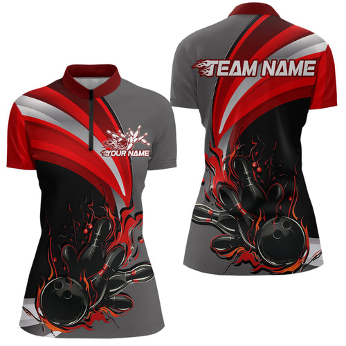 Custom Black, Red And Gray Flame Bowling Women Quarter-Zip Shirt, Bowling League Shirt IPHW9273