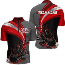Load image into Gallery viewer, Custom Black, Red And Gray Flame Bowling Quarter-Zip Shirts For Men, Bowling Team League Shirt IPHW9273