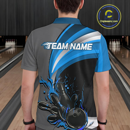 Custom Black, Blue And Gray Flame Bowling Polo Shirts For Men, Bowling Team League Shirt IPHW9274