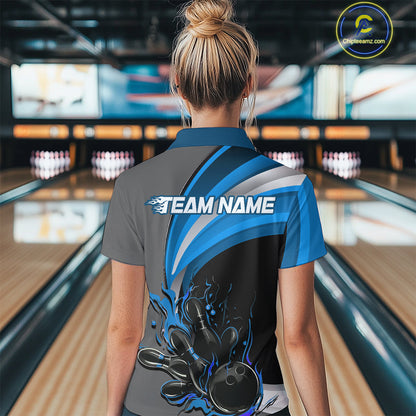 Custom Black, Blue And Gray Flame Bowling Polo Shirt For Women, Bowling Team League Shirt IPHW9274