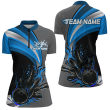 Load image into Gallery viewer, Custom Black, Blue And Gray Flame Bowling Women Quarter-Zip Shirt, Bowling League Shirt IPHW9274
