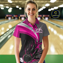 Load image into Gallery viewer, Custom Black, Pink And Gray Flame Bowling Polo Shirt For Women, Bowling Team League Shirt IPHW9275