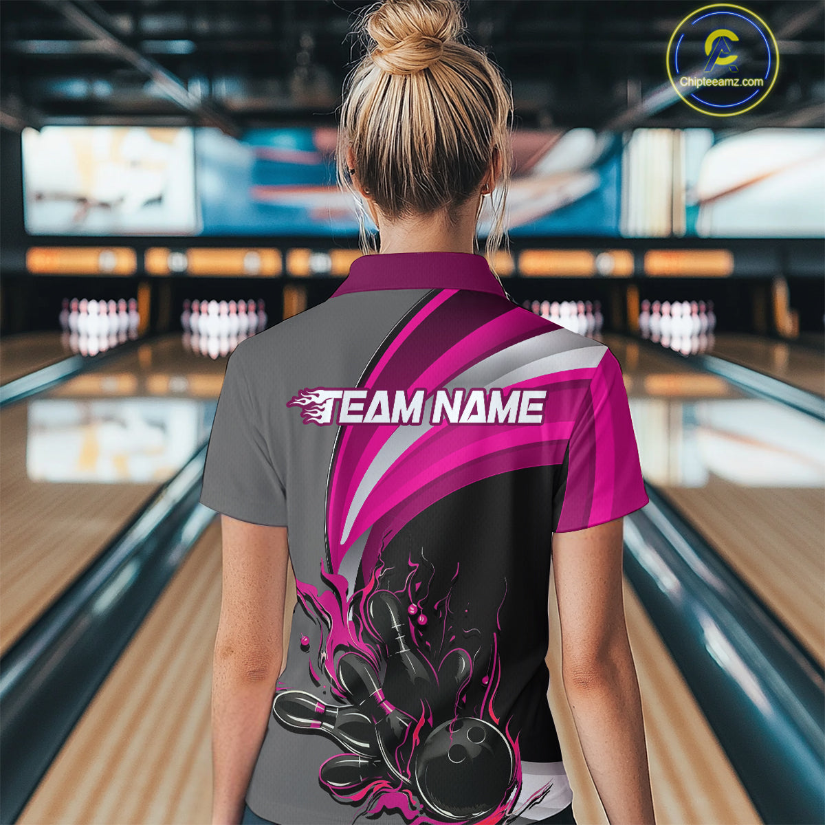 Custom Black, Pink And Gray Flame Bowling Polo Shirt For Women, Bowling Team League Shirt IPHW9275