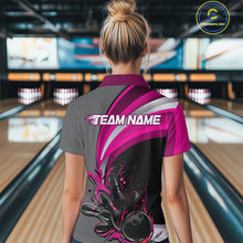 Load image into Gallery viewer, Custom Black, Pink And Gray Flame Bowling Polo Shirt For Women, Bowling Team League Shirt IPHW9275