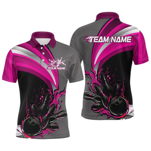 Custom Black, Pink And Gray Flame Bowling Polo Shirts For Men, Bowling Team League Shirt IPHW9275