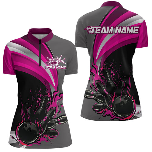 Custom Black, Pink And Gray Flame Bowling Women Quarter-Zip Shirt, Bowling League Shirt IPHW9275