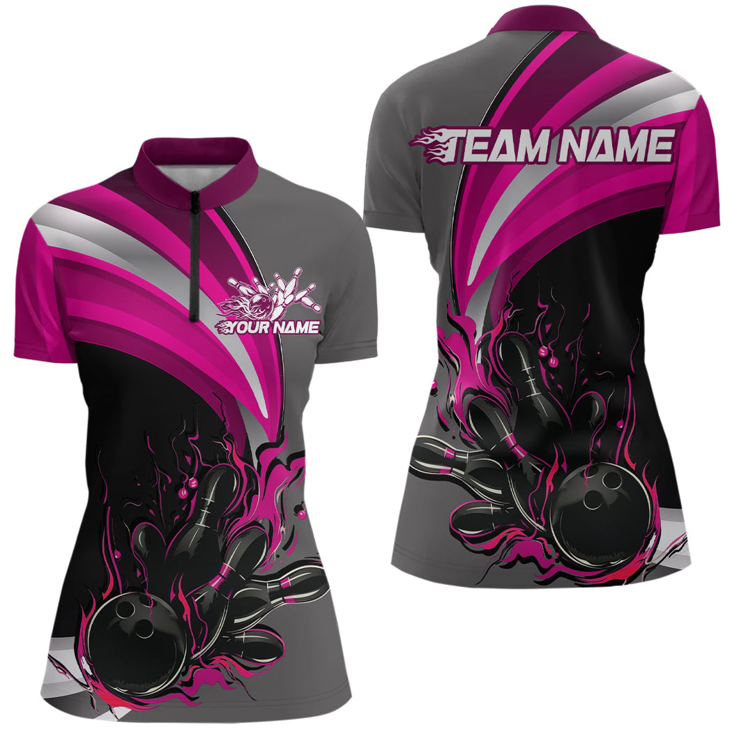 Custom Black, Pink And Gray Flame Bowling Women Quarter-Zip Shirt, Bowling League Shirt IPHW9275