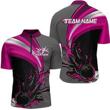 Load image into Gallery viewer, Custom Black, Pink And Gray Flame Bowling Quarter-Zip Shirts For Men, Bowling Team League Shirt IPHW9275
