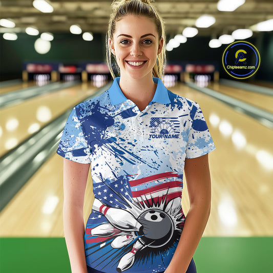 Custom Blue Camo Patriotic Bowling Polo Shirts For Women, Bowling Team Uniform IPHW9595