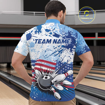 Custom Blue Camo Patriotic Bowling Quarter-Zip Shirts For Men, Bowling Team Uniform IPHW9595