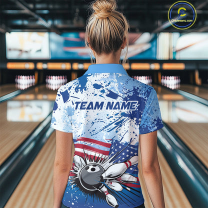 Custom Blue Camo Patriotic Bowling Quarter-Zip Shirts For Women, Bowling Team Uniform IPHW9595