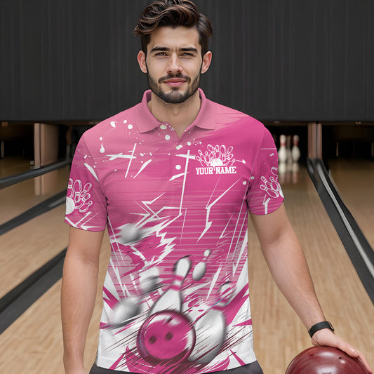 Custom White And Pink Bowling Team Men Polo Shirts, Bowling Ball And Pins Jerseys IPHW9601