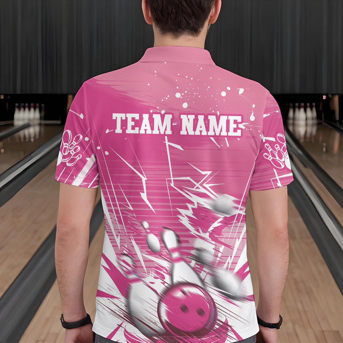 Custom White And Pink Bowling Team Men Polo Shirts, Bowling Ball And Pins Jerseys IPHW9601