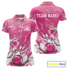 Load image into Gallery viewer, Custom White And Pink Bowling Team Women Polo Shirts, Bowling Ball And Pins Jerseys IPHW9601
