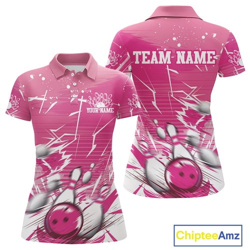 Custom White And Pink Bowling Team Women Polo Shirts, Bowling Ball And Pins Jerseys IPHW9601