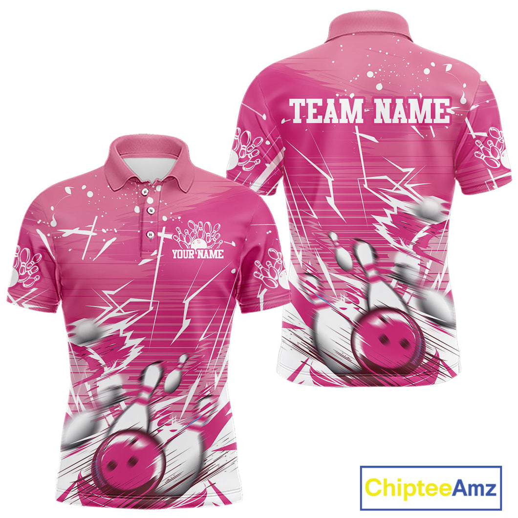 Custom White And Pink Bowling Team Men Polo Shirts, Bowling Ball And Pins Jerseys IPHW9601