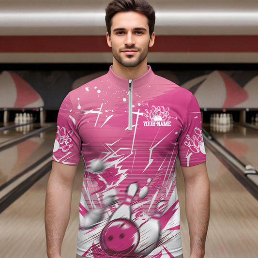 Custom White And Pink Bowling Team Men Quarter-Zip Shirts, Bowling Ball And Pins Jerseys IPHW9601