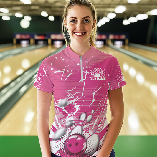 Custom White And Pink Bowling Team Women Quarter-Zip Shirt, Bowling Ball And Pins Jerseys IPHW9601