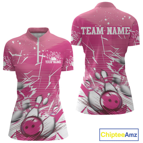 Custom White And Pink Bowling Team Women Quarter-Zip Shirt, Bowling Ball And Pins Jerseys IPHW9601