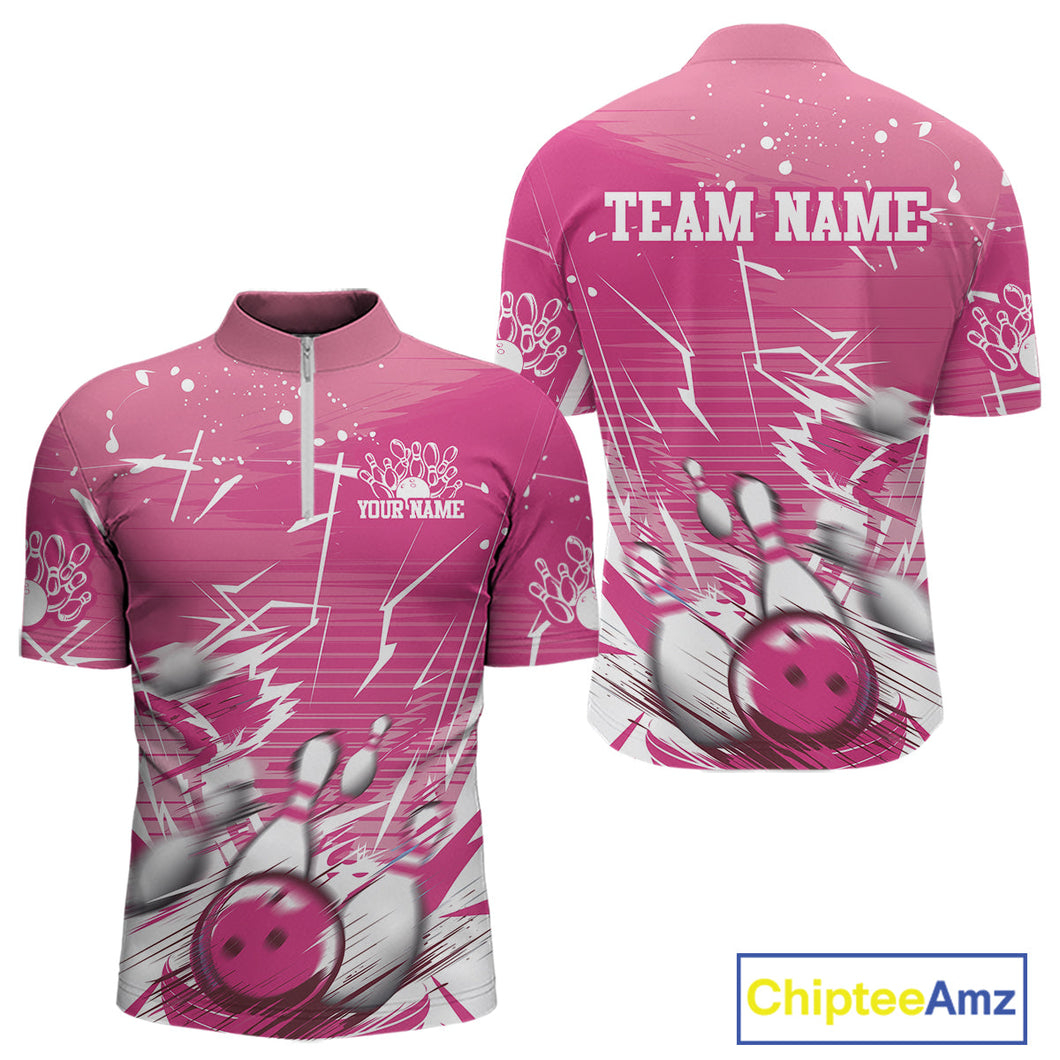 Custom White And Pink Bowling Team Men Quarter-Zip Shirts, Bowling Ball And Pins Jerseys IPHW9601
