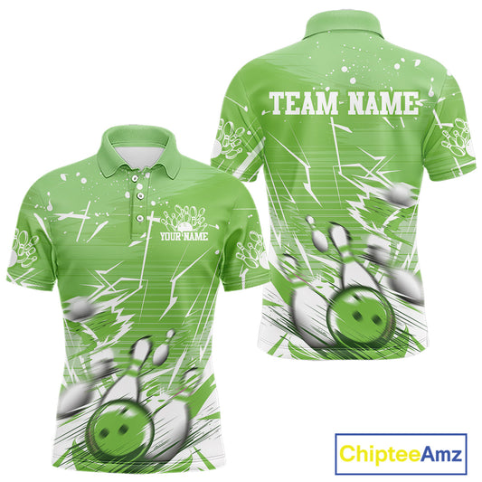 Custom White And Green Bowling Team Men Polo Shirts, Bowling Ball And Pins Jerseys IPHW9603