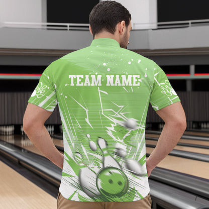 Custom White And Green Bowling Team Men Quarter-Zip Shirts, Bowling Ball And Pins Jerseys IPHW9603