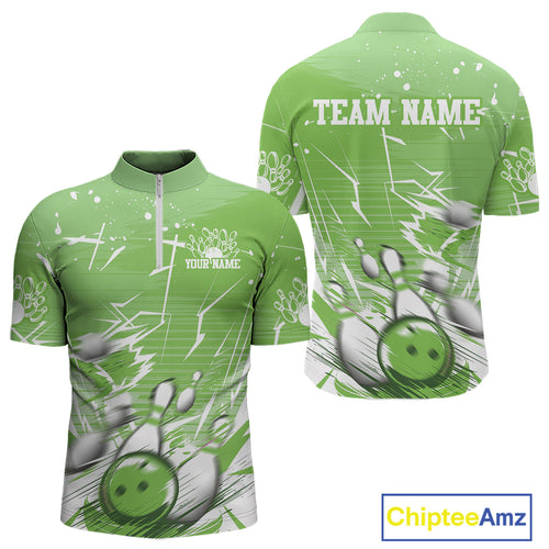 Custom White And Green Bowling Team Men Quarter-Zip Shirts, Bowling Ball And Pins Jerseys IPHW9603