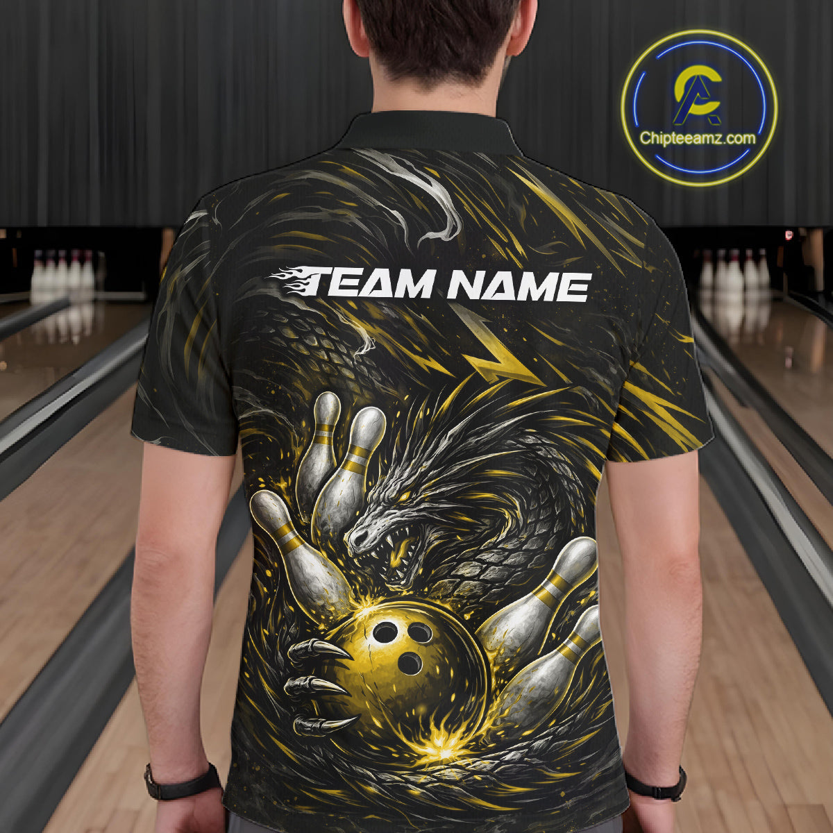 Custom Black And Gold Dragon Bowling Jerseys, Dragon Bowling Team Men Polo Shirt IPHW10364