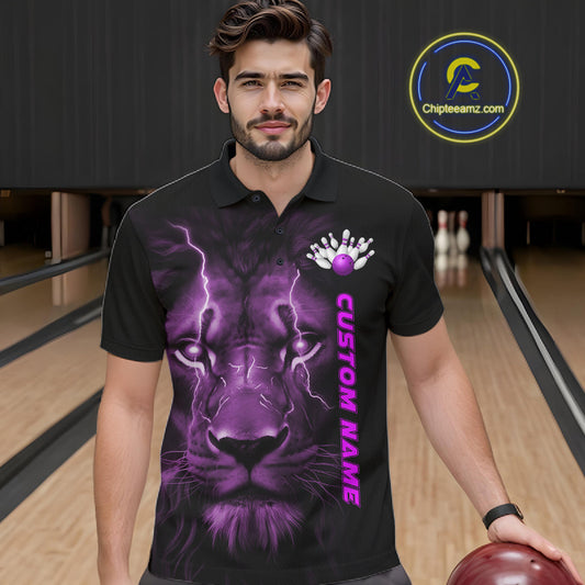 Custom Purple Thunder Lightning Lion Bowling Shirt For Men, Lion Bowling Team Jerseys IPHW10667