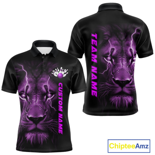 Custom Purple Thunder Lightning Lion Bowling Shirt For Men, Lion Bowling Team Jerseys IPHW10667