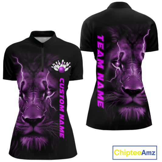 Custom Purple Thunder Lightning Lion Bowling Shirt For Women, Lion Bowling Team Jerseys IPHW10667