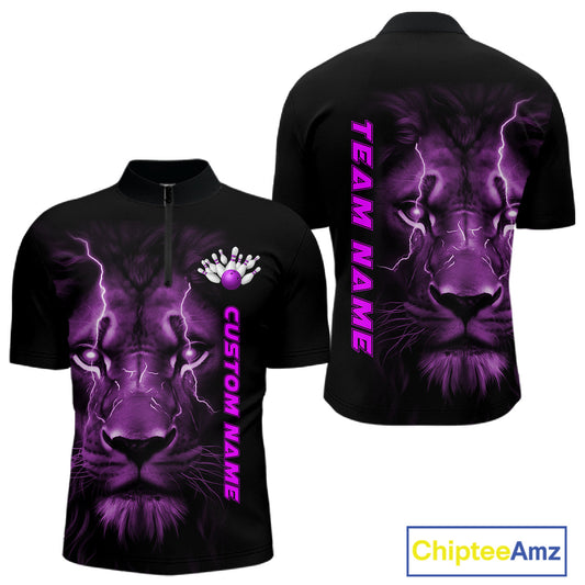 Custom Purple Thunder Lightning Lion Bowling Shirt For Men, Lion Bowling Team Jerseys IPHW10667