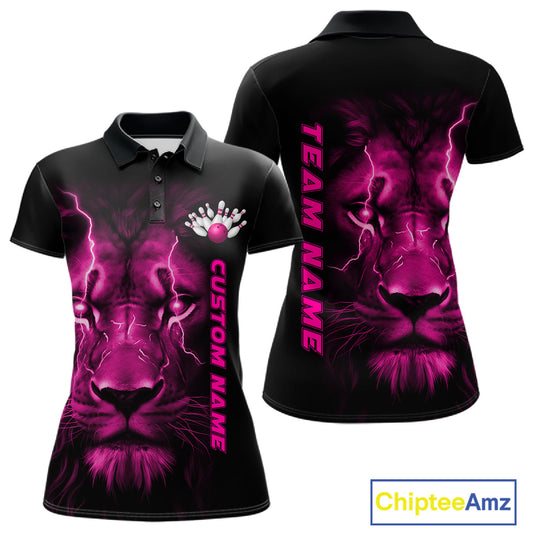 Custom Pink Thunder Lightning Lion Bowling Shirt For Women, Lion Bowling Team Jerseys IPHW10670