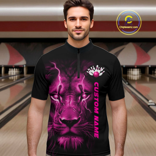 Custom Pink Thunder Lightning Lion Bowling Shirt For Men, Lion Bowling Team Jerseys IPHW10670