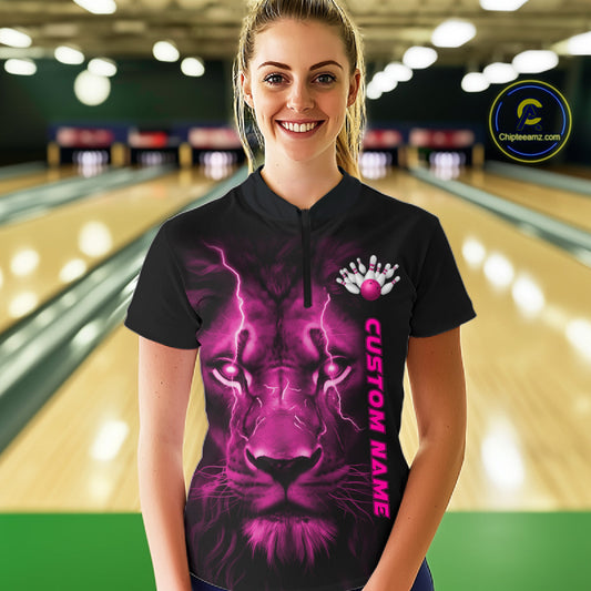 Custom Pink Thunder Lightning Lion Bowling Shirt For Women, Lion Bowling Team Jerseys IPHW10670